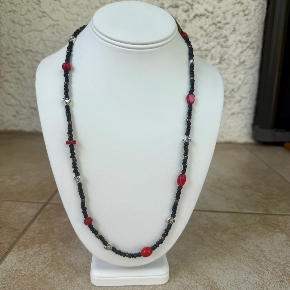 Hand Crafted Black, Red, Copper Colored and Silver Toned Hearts Long Necklace